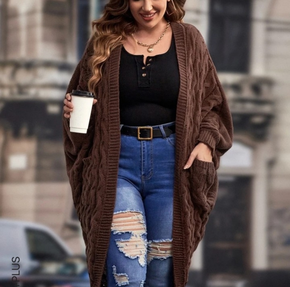 Shein chocolate brown Plus open front batwing sleeved cardigan